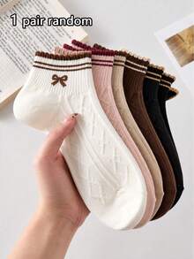 1/5 Pairs Women's Sweet Bow Short Socks, Soft And Breathable, Personalized, Preppy Style, Suitable For Home, Commute, Holiday Gifts - Multicolor - View 5