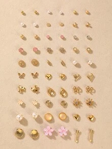 30對女童耳釘耳環套組，珍珠愛心花朵貝殼混搭款金色小耳釘，女孩日常裝飾用 - 彩色 - 查看 6