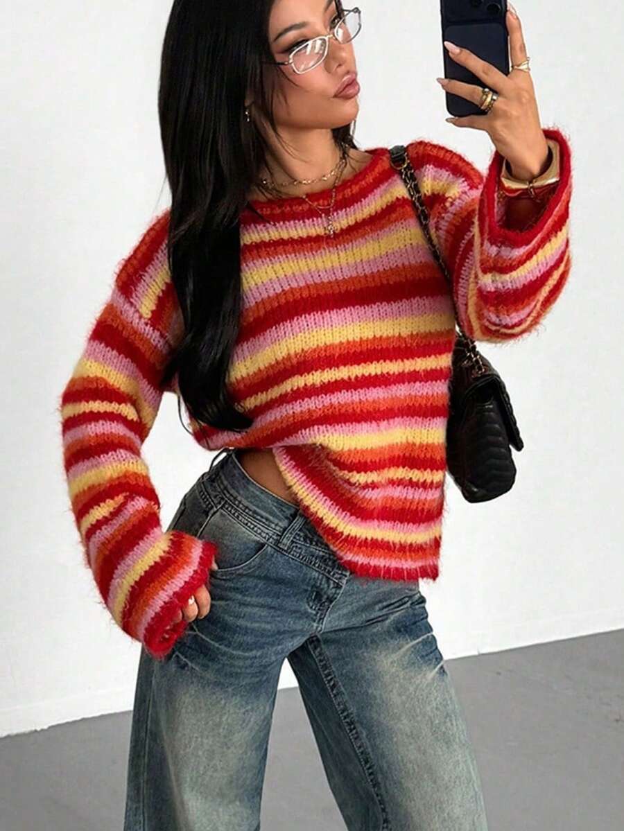 Women's Autumn/Winter Dropped Shoulder Striped Fuzzy Knit Sweater, Loose Long Sleeve Multi-Color Striped Pullover - Pink - View 1