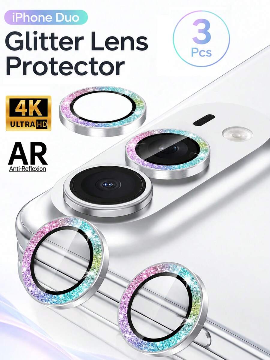 3 Packs Compatible With Iphone Duo/18Pro/18Promax/17/17Pro/17Promax/16/15/14/13/12/11 Camera Lens Protector,Scratch Proof,Strong Adsorption,9H Hardness With Metal Ring Camera Cover,Ultra Thin Case Friendly,Accessories Lens Protector,Glitter Colorful - Color - View 1