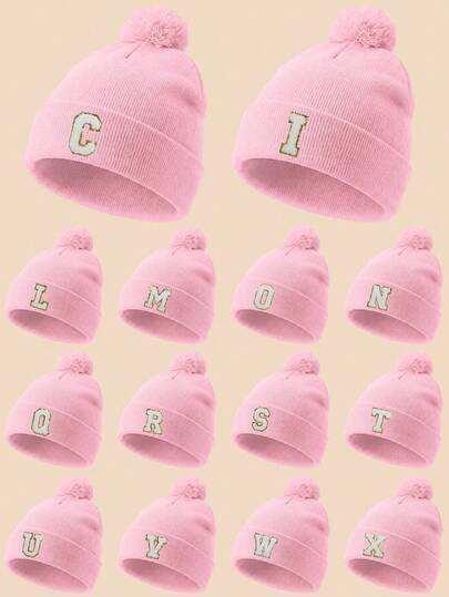 1pc Baby Pink Pom Pom Knit Hat, A-Z 26 Letters, Soft & Comfortable Children Girls Autumn/Winter Warm Hat, Suitable For Holidays, Birthdays, Daily Wear, 1-16 Years Old
