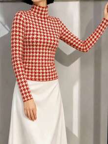 Autumn/Winter Elegant Layering Base Top, Fashionable High Neck Houndstooth Knit Sweater, Casual Vacation Style, Red - Red - View 4