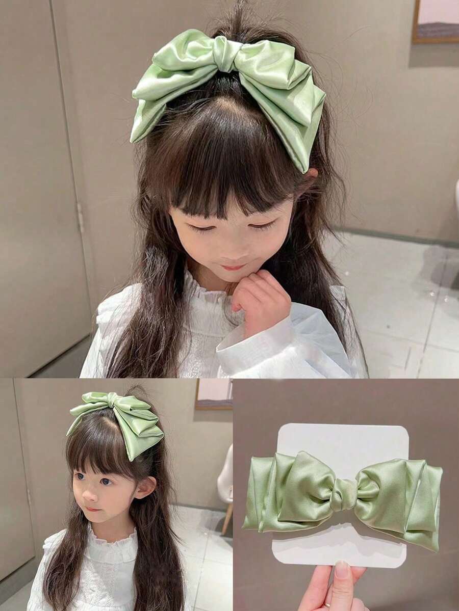 1件女孩薄荷綠三層蝴蝶結光滑緞面防滑甜美髮夾，適合日常佩戴、派對、四季休閒髮飾，節日禮物