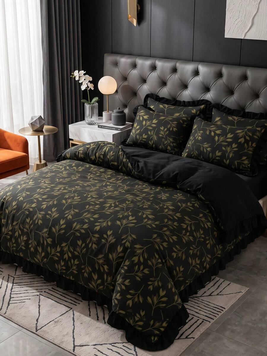 2/3pcs Ruffle Duvet Cover Set, Dorm Bedding, Leaf Print Bedding Set, Cozy Room Decor, Skin-Friendly Breathable, Super Soft Anti-Pilling, No Comforter Included, Suitable For Twin/Full/Queen/King Size Beds, All Season, Machine Washable, Back To School