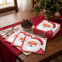 20/40/60 Pcs,Christmas Disposable Paper Napkins,2-Ply Santa Claus & Red Snowflake Print Dessert Tissues,Red Rim Dinner Napkins,Table Decor For Xmas Eve Celebration,Holiday Family Reunion,Winter Solstice Dinner,6.5*6.5 Inch - Multicolor - View 2