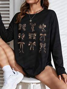 Kaos Lengan Panjang Leher Bulat Motif Pita Leopard Ukuran Besar, Atasan Kasual Musim Gugur yang Lucu untuk Wanita - Hitam - View 3