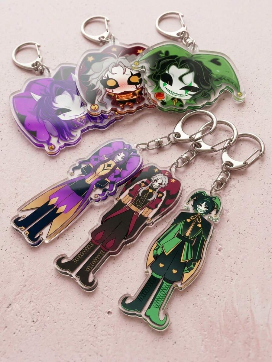 6pcs Freak Circus Acrylic Keychains, Chibi Big Head & Full Body Jester/Harlequin Design, Anime Cartoon Style, Backpack/Shoulder Bag Charm, Car Key Ring Accessory, Ideal Gift For Anime Fan/Friend - Multicolor - View 1