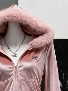 Lurzo Glossy Plush Hooded Jacket For Teen Girl, Suitable For Autumn/Winter, With Faux Fur Trim, Ribbed Cuffs And Bow Pattern, Perfect For Casual Wear And Back To School Season - Pink - View 6