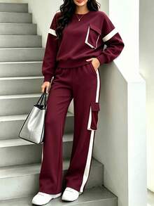 Spring/Autumn Casual Women's Fashion Commute Set, Comfortable Loose Long Sleeve Top + Straight Leg Pants 2 Pieces Set, Versatile Contrast Color Top With High Waist Drawstring Loose Straight Leg Pants 2 Pieces Set - Burgundy - View 5