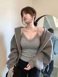 Spring/Summer French Lace Camisole Tank Top Gray Sexy Style With Padded Inner Layer Autumn/Winter Base Layer Casual Women's - Grey - View 1