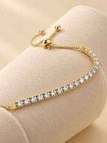 Camhanno Gold Tennis Bracelet Adjustable Pull Chain, Shiny Round Zirconia Bracelet, Women Dainty Wrist Jewelry Gift - Gold - View 7