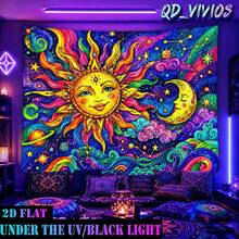2D Flat Pattern Tapestry, Featuring A Sun And A Moon, With Vibrant Starry Sky And Constellation Patterns. It Glows Under Fluorescent Light, Suitable For Wall Decoration, Bedroom Background Decor, And Party Decoration. - Multicolor - View 6