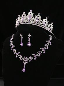 4pcs Elegant Rhinestone Queen Crown Necklace Set, Bridal Wedding Headpiece, Banquet Party Baroque Style Jewelry - Mauve Purple - View 6