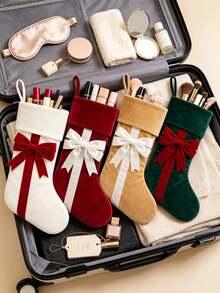 1pc Velvet Christmas Stocking With Classic Bow, Spacious Interior For Cosmetics, Candy And Small Gifts, Perfect Hanging Decoration For Fireplace, Christmas Tree And Home - Multicolor - View 3