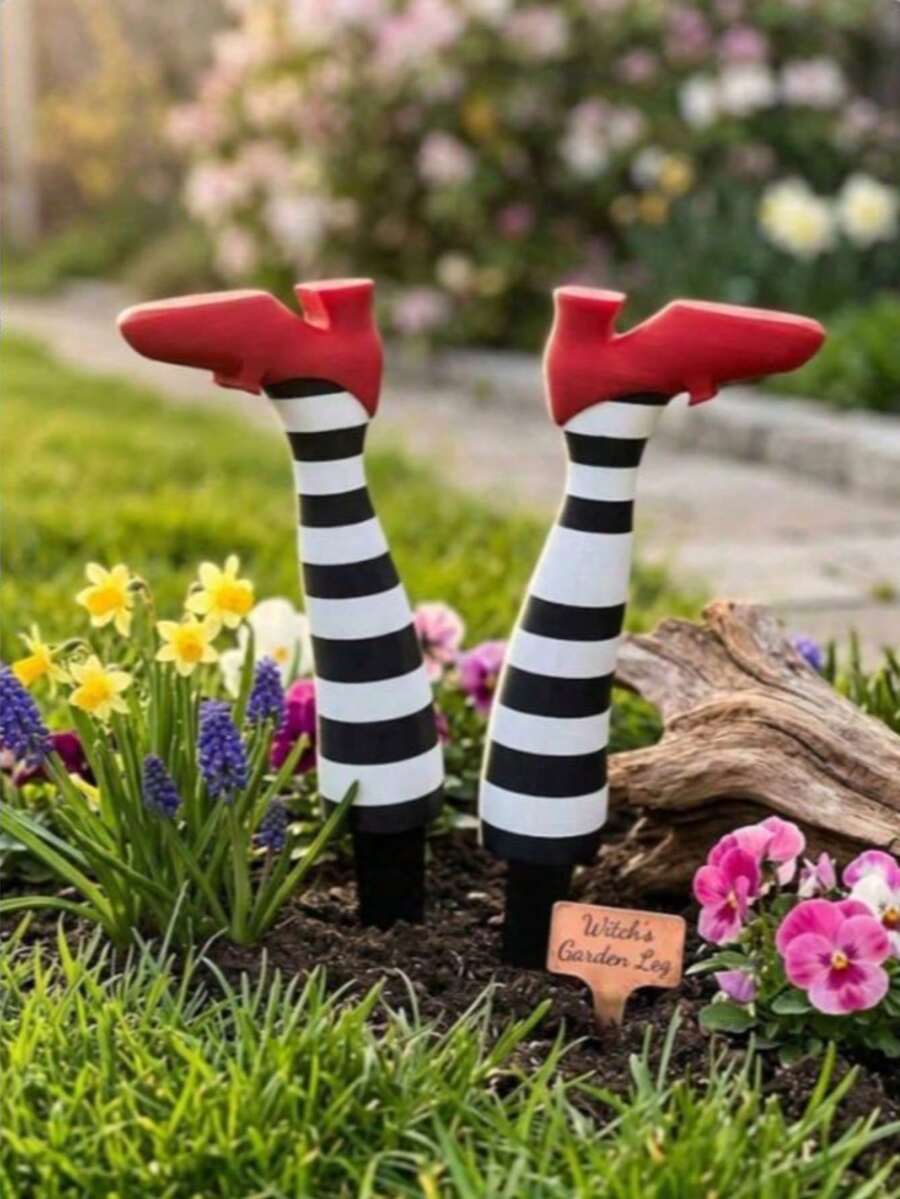 2pcs Printed Gothic Fence Design Witch Leg Planter Decor Ground Stake, Potted Plant Garden Decoration, Yard Lawn Ornament, Suitable For Easter, Halloween And Seasonal Home Garden Outdoor Decor, Horror Style - Multiple Styles - View 1