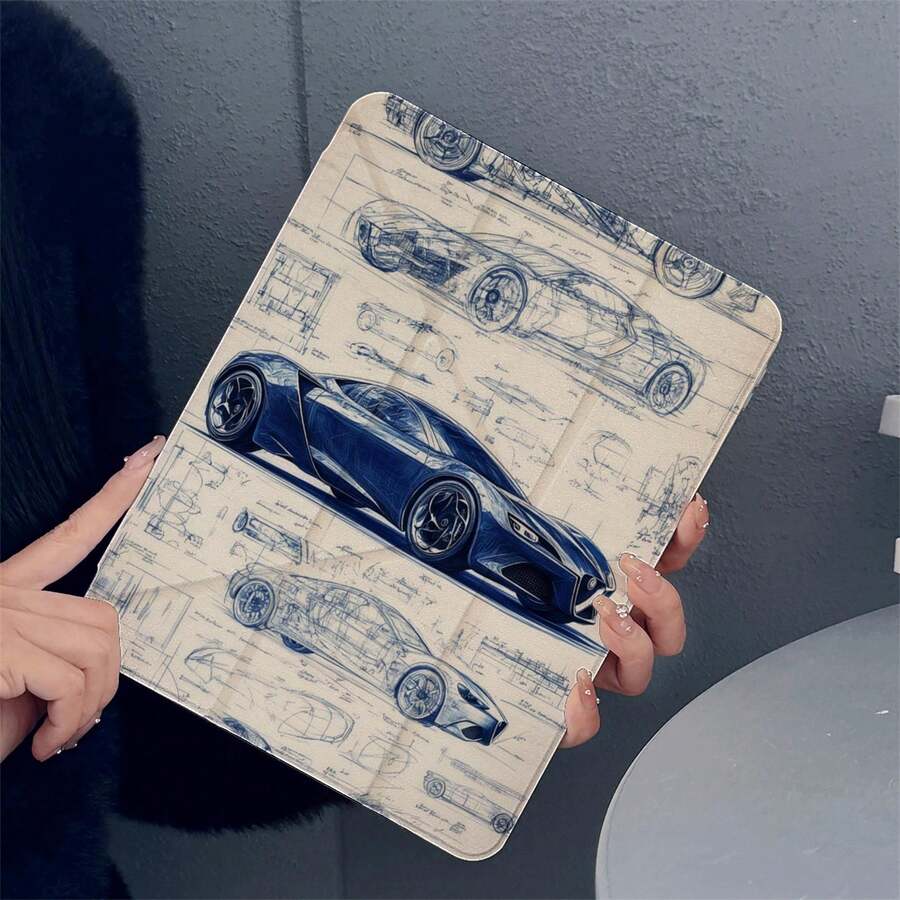 1件裝藍色跑車藍圖素描平板保護殼，3+Y折多角度磁吸支架，附筆槽與自動休眠/喚醒功能，適用 iPad PRO/AIR、Pad 5/6/21、Pad、MatePad、Honor Pad