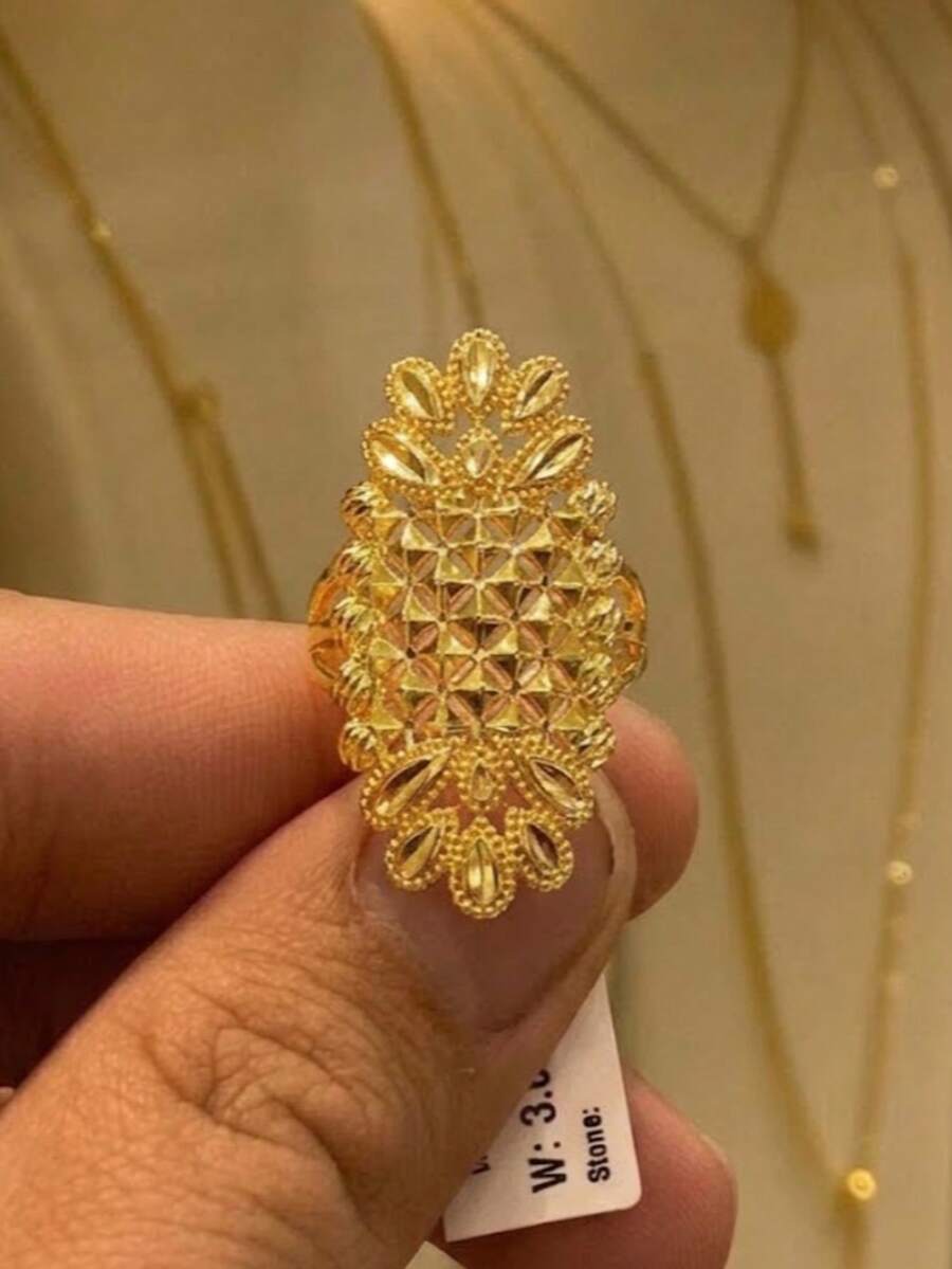 24K鍍金幾何橢圓開口可調節戒指,防鏽金色鏤空花瓣格紋金屬戒指,精緻飾品 - 03 - 查看 1