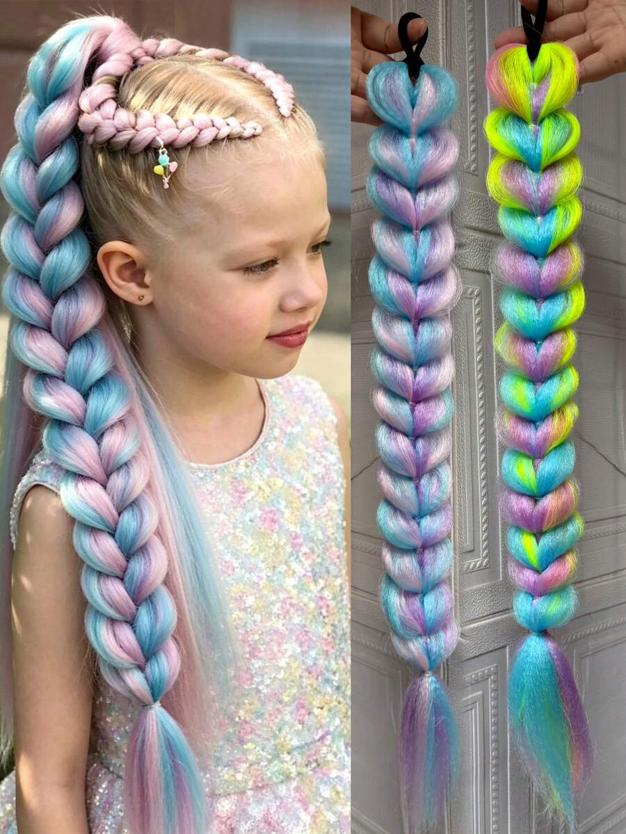 1pc Colorful Braid Synthetic Wig Fashion Hip-Hop Color Gradient Girls Wig Simulation Natural High Temperature Hair