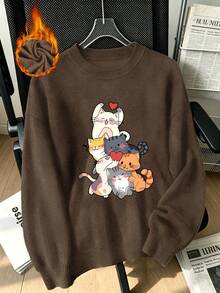 Women's Plus-Size Casual Retro Crew-Neck Knit Pullover Featuring A Cute Cat Graphic Print-A Versatile Top For Everyday Wear In Autumn And Winter. - Brown - View 10