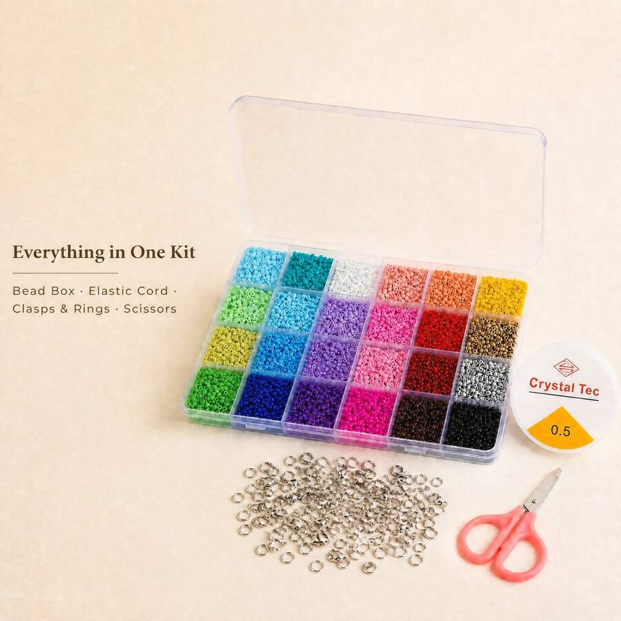 24 Colors Beaded DIY Handmade Kit With Storage Box, 0.5mm Elastic Cord, Scissors, Lobster Clasp, Open Jump Rings, Suitable For Bracelet, Necklace And Jewelry Making - 24 Colors - View 1