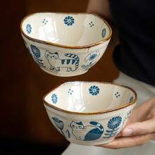Cute Blue Flower Cat 5-Inch Asymmetrical Ceramic Yogurt Bowl, Niche Japanese Style Personalized Small Bowl - Multicolor - View 4