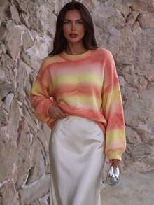 FOR BEAUTY Fall Winter Women Sweaters Y2K Chic Ombre Striped Crewneck Knit Tops Sunset Gradient Loose Pullover Lantern Sleeve Date Brunch Outfits - Multicolor - View 4
