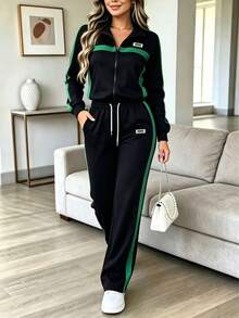Women's Casual 2 Pieces Sportswear Set For Autumn/Winter, Including Lapel Zipper Jacket And Side Stripe Pants, Made Of Slightly Elastic Fabric, Suitable For Daily Wear - Black + Dark Green 31 - View 1