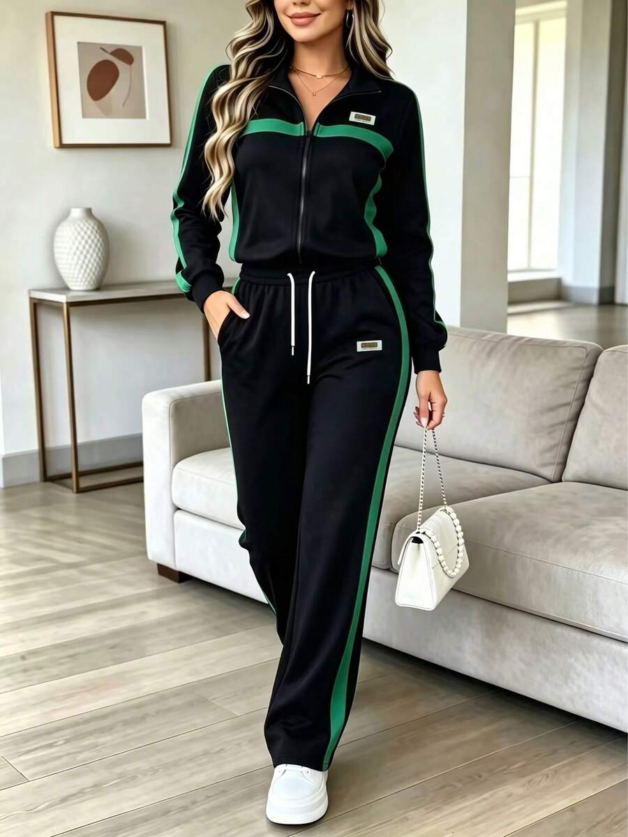Women's Casual 2 Pieces Sportswear Set For Autumn/Winter, Including Lapel Zipper Jacket And Side Stripe Pants, Made Of Slightly Elastic Fabric, Suitable For Daily Wear - Black + Dark Green 31 - View 1