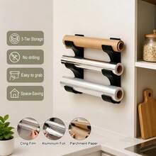 2pcs/1set Wall-Mounted Storage Rack For 3 Rolls Of Kitchen Paper/Cling Film/Aluminum Foil, Fits Rolls Up To 50mm Diameter, Space-Saving, No Drilling Required, Easy Installation, Keeps Kitchen Tidy, Suitable For Cabinet Doors (Inside And Outside), Tile Walls, Refrigerator, Won't Damage Surfaces - View 5