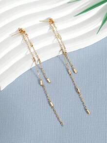 1 Pair Long Tassel Earrings, Gold Flattened Cross Clip Tube Chain O-Ring Chain Earrings, Niche Style - Gold - View 3