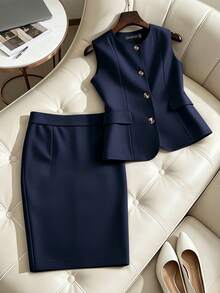 HOMEYEE Setelan Rompi Tanpa Lengan Kancing Elegan dan Rok Slim Fit untuk Wanita, Pilihan Sempurna untuk Pakaian Bisnis dan Profesional, Setelan 2 Potong untuk Musim Gugur - Navy Blue - View 10