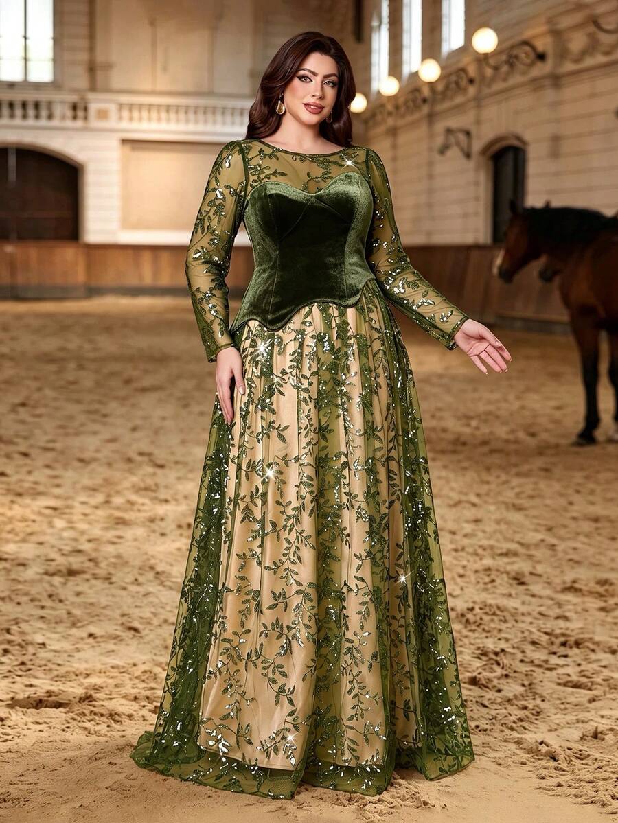 Plus Size Fall Winter Elegant Sequin Leaf Embroidery Tulle Spliced Crinkle Texture Knit Illusion Long Sleeve Mock Two Pieces Maxi Gown, Party Wedding - Dark Green - View 1