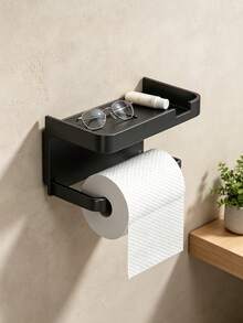 2Pcs Wall‑Mounted Bathroom Toilet Paper Holder With Top Storage Shelf, Matte Black Metal Tissue Roll Rack For Restroom - Double-layer Toilet Paper Holder - View 11