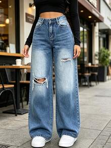 Pantalones vaqueros Desgastados De Cintura Media Y Pernera Recta Con Diseño Lavado, Jeans holgados con rotos y lavados para mujer, Jeans rectos, sueltos, versátiles y informales - Azul vaquero lavado - Ver 1