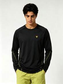 veidoorn Men's Loose-Fit Long-Sleeve T-Shirt With Printed Lettering And Line Design, For Casual Wear During Workouts, Outdoor Activities, Hiking - Black - View 4
