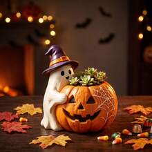 Halloween Ghost Hugging Pumpkin Flower Pot, Dried Flower Vase Container, Autumn Harvest Desktop Decor - Multicolor - View 7