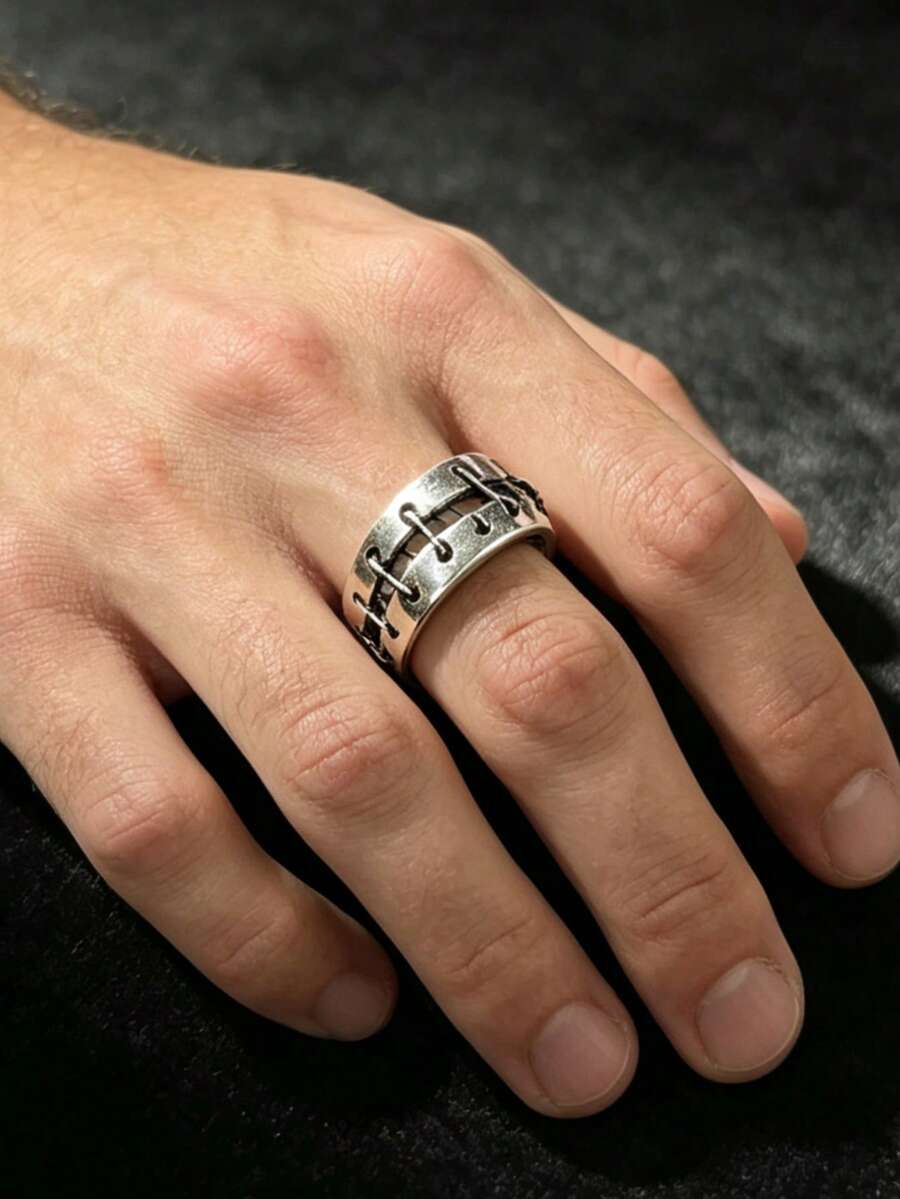 CIREY 1pc Asymmetrical Design Vintage Distressed Handmade Wire-Wrapped Dark Style Heavy-Duty Bound Ring, Unique Niche Bold Retro Versatile Single Ring Accessory - Bundle Ring - View 1