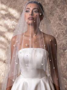 2 Layer Wedding Veil With Comb Elegant Pearls Bridal Veil Suitable For Wedding Party - Multicolor - View 3