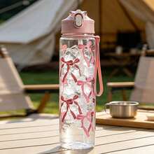 1pc 750ml Baby Water Bottle With Bow, Cartoon Pattern, Anti-Drip Straw Cup, Portable Leak-Proof Baby Water Bottle, Large Capacity Sports Water Bottle For Summer - Clear - View 5