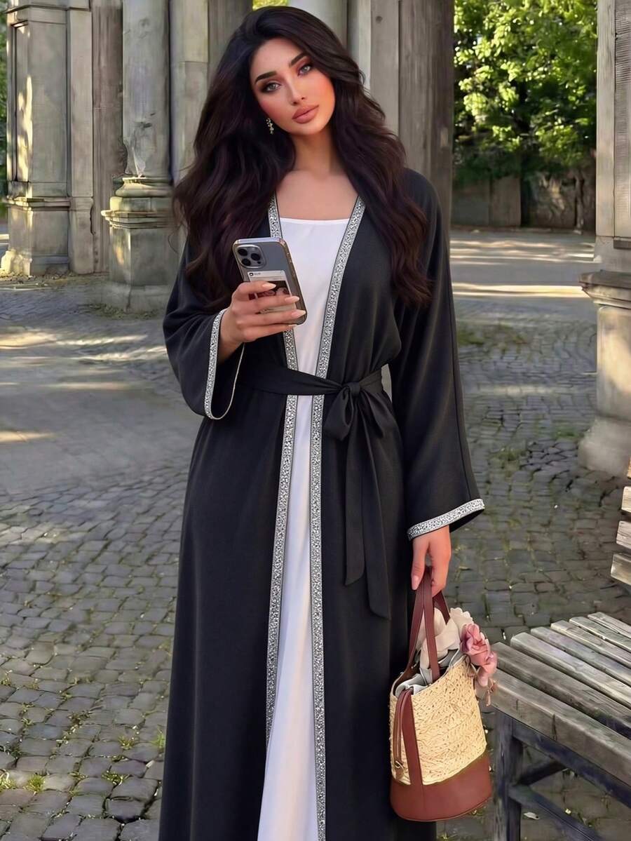Rhinestone Trim Open Front Abaya Cardigan, Belted Long Sleeve Muslim Modest Style Long Robe - Multicolor - View 1