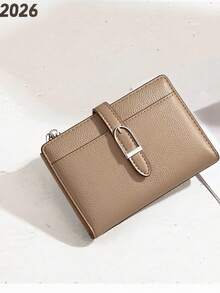 New Patchwork PU Leather Short Women's Wallet, Premium Bifold Card Holder, Minimalist Coin Purse With Ribbon Strap - Camel - View 1