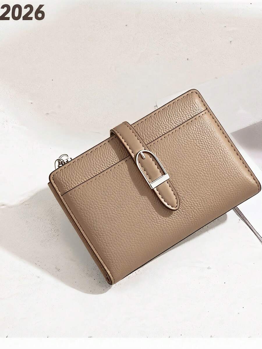 New Patchwork PU Leather Short Women's Wallet, Premium Bifold Card Holder, Minimalist Coin Purse With Ribbon Strap - Camel - View 1