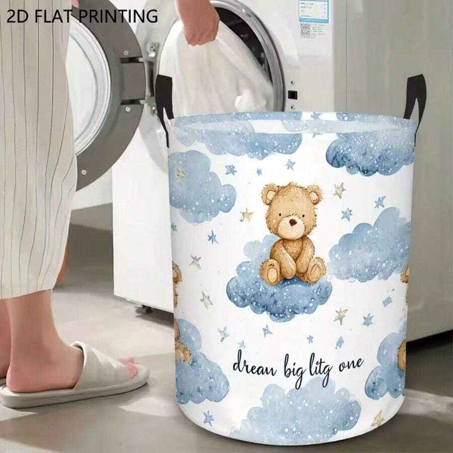 1pc Watercolor Teddy Bear Cloud Star Print Laundry Basket, Collapsible Round Storage Hamper With Handles, Large Capacity Toy Clothes Storage Bin For Kids Bedroom Nursery Decor - Baby Blue - View 1