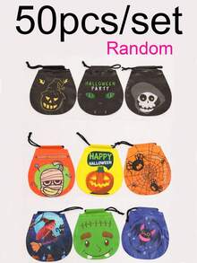 50pcs/Set Halloween Drawstring Bags With Pumpkin And Candy Designs, Party Storage And Decoration Bags, Featuring Pumpkin, Spider, Bat, And Witch Patterns. Halloween Decorations For Parties To Add To The Festive Atmosphere. - A - View 13