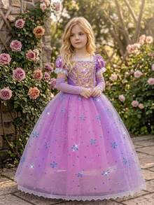 Tween Girls Purple Sequin Embroidered Floral Mesh Glamorous Long Ball Gown Princess Dress For Evening Party, Birthday Stage, Christmas, With Sleeves, Without Headband - Purple - View 1