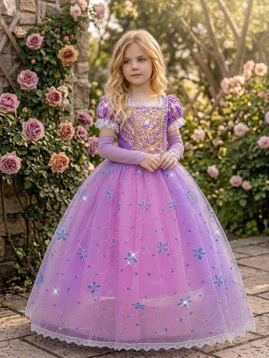 Tween Girls Purple Sequin Embroidered Floral Mesh Glamorous Long Ball Gown Princess Dress For Evening Party, Birthday Stage, Christmas, With Sleeves, Without Headband - Purple - View 1