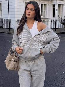 Women's Fashion Grey Knit Zip-Up Long Sleeve Hoodie - Grey - View 1