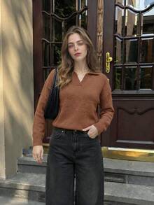 Brown Polo Collar V-Neck Split Short Knit Sweater, Drop Shoulder Long Sleeve Solid Color Casual Pullover, Women's - Coffee - View 3