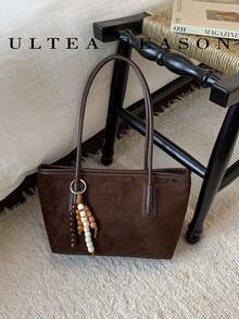 1pc Solid Color Suede Shoulder Bag, Women's Vintage Casual Tote Bag, Zipper Closure, Large Capacity, Suitable For Daily, Work, School Use - Coffee - View 6