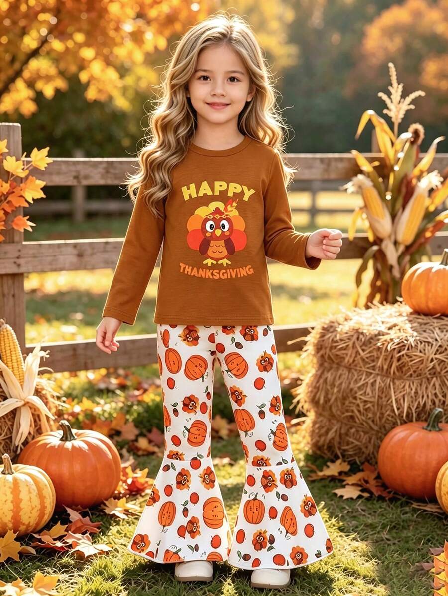 2pcs Set Young Girl Casual "HAPPY THANKSGIVING" Letter, Turkey & Pumpkin Pattern Soft Knit Long Sleeve Top And Flare Pants Outfit, Fall/Winter - Brown - View 1
